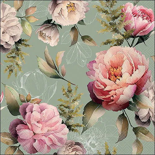 Luncheon Napkin Peonies Composition Green