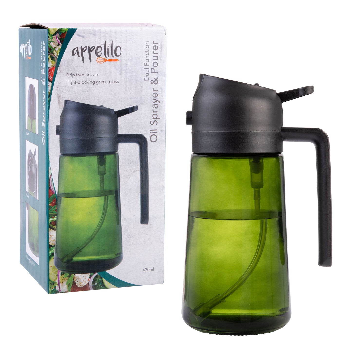 Dual Function Oil Sprayer & Pourer | Green Glass Black