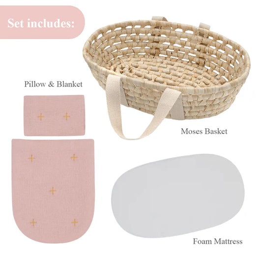 Rattan Doll Moses Basket - Blush
