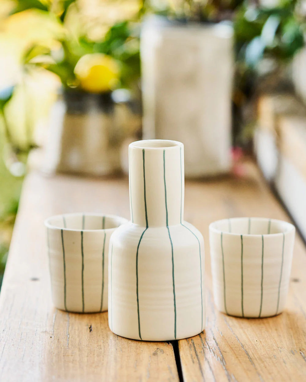 Coastal Junction Carafe & 2 Cups Set Cream w/Green Stripe