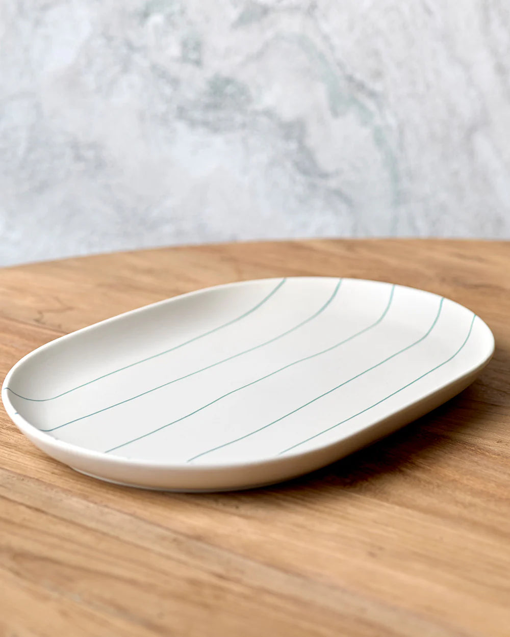 Coastal Junction Oval Tray Cream w/Green Stripe 38x26.5cm
