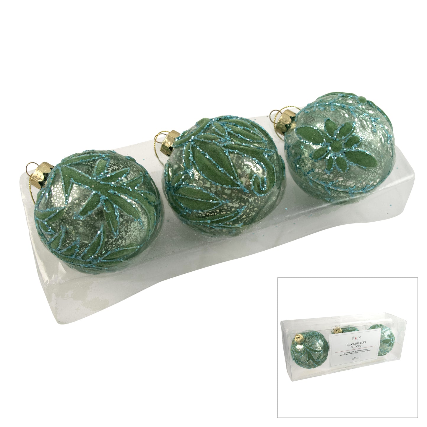 Hanging Glass Bauble Green & Gold Set 3