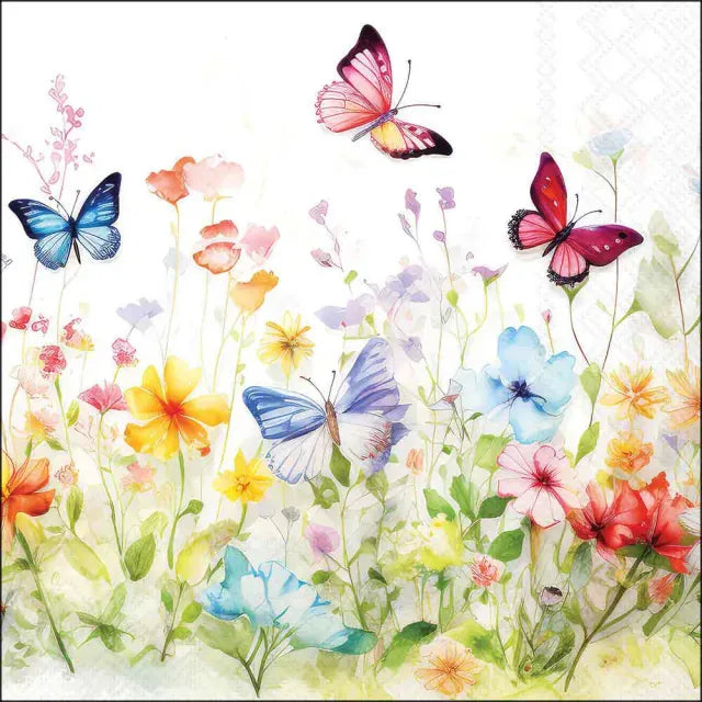 Luncheon Napkin Butterflies In Field | White
