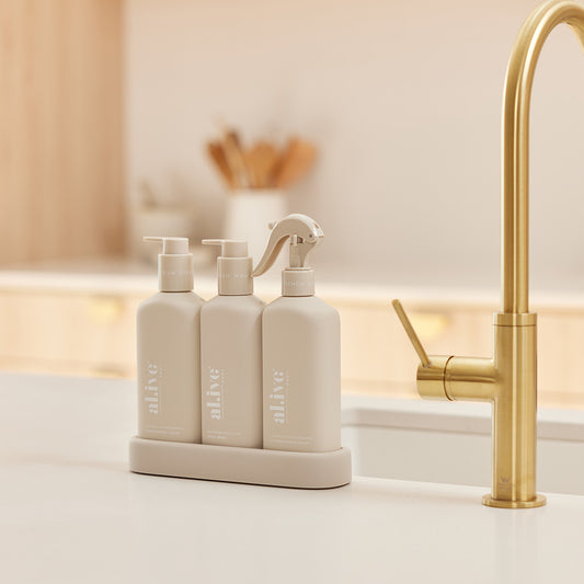 Dishwashing Liquid, Hand Wash & Kitchen Bench Spray Trio + Tray