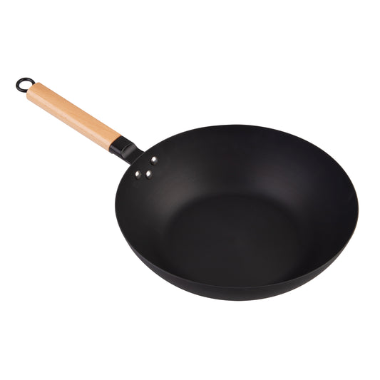 Black Carbon Steel Pre-seasoned Wok with Beechwood Handle 30cm