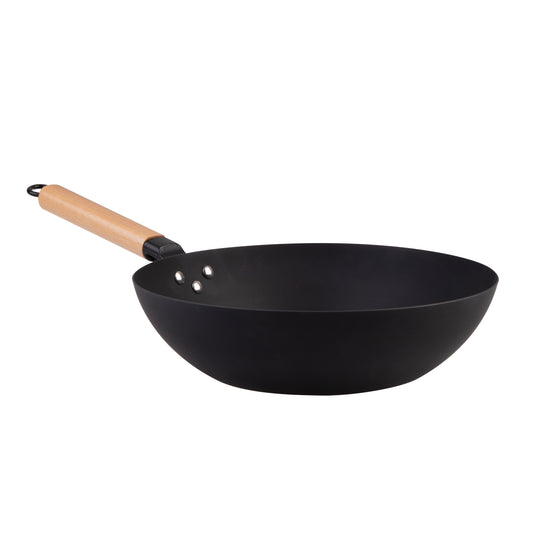 Black Carbon Steel Pre-seasoned Wok with Beechwood Handle 30cm