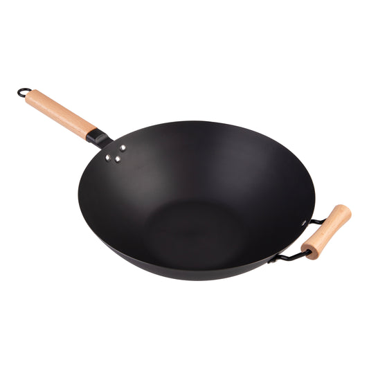 Black Carbon Steel Pre-seasoned Wok with Beechwood Handle 35.5cm