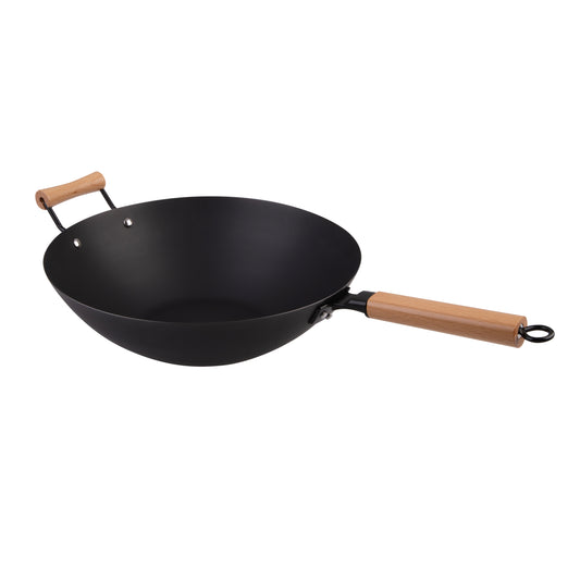 Black Carbon Steel Pre-seasoned Wok with Beechwood Handle 35.5cm