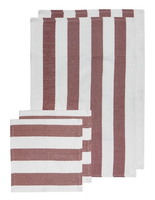 Stripe Red Kitchen Towel & Dishcloth Set 4pce