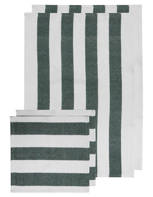 Stripe Green Kitchen Towel & Dishcloth Set 4pce