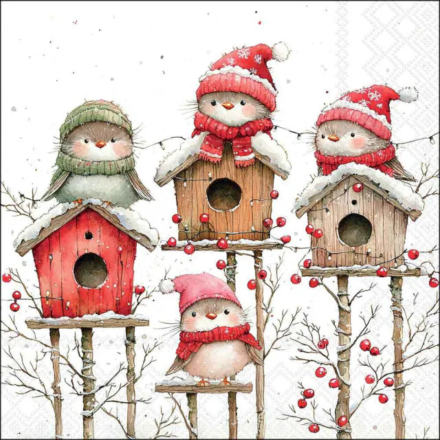 Luncheon Napkin Birdhouse Quartet | White