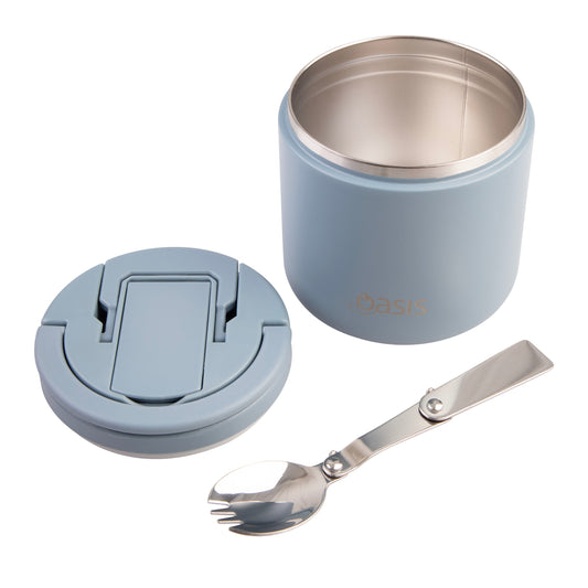 Double Wall S/S Insulated Food Flask w/Quick Release Lid & Spork | Hazy Blue 550ml
