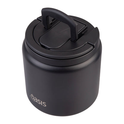 Double Wall S/S Insulated Food Flask w/Quick Release Lid & Spork | Black 700ml