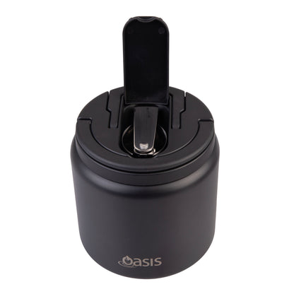 Double Wall S/S Insulated Food Flask w/Quick Release Lid & Spork | Black 700ml