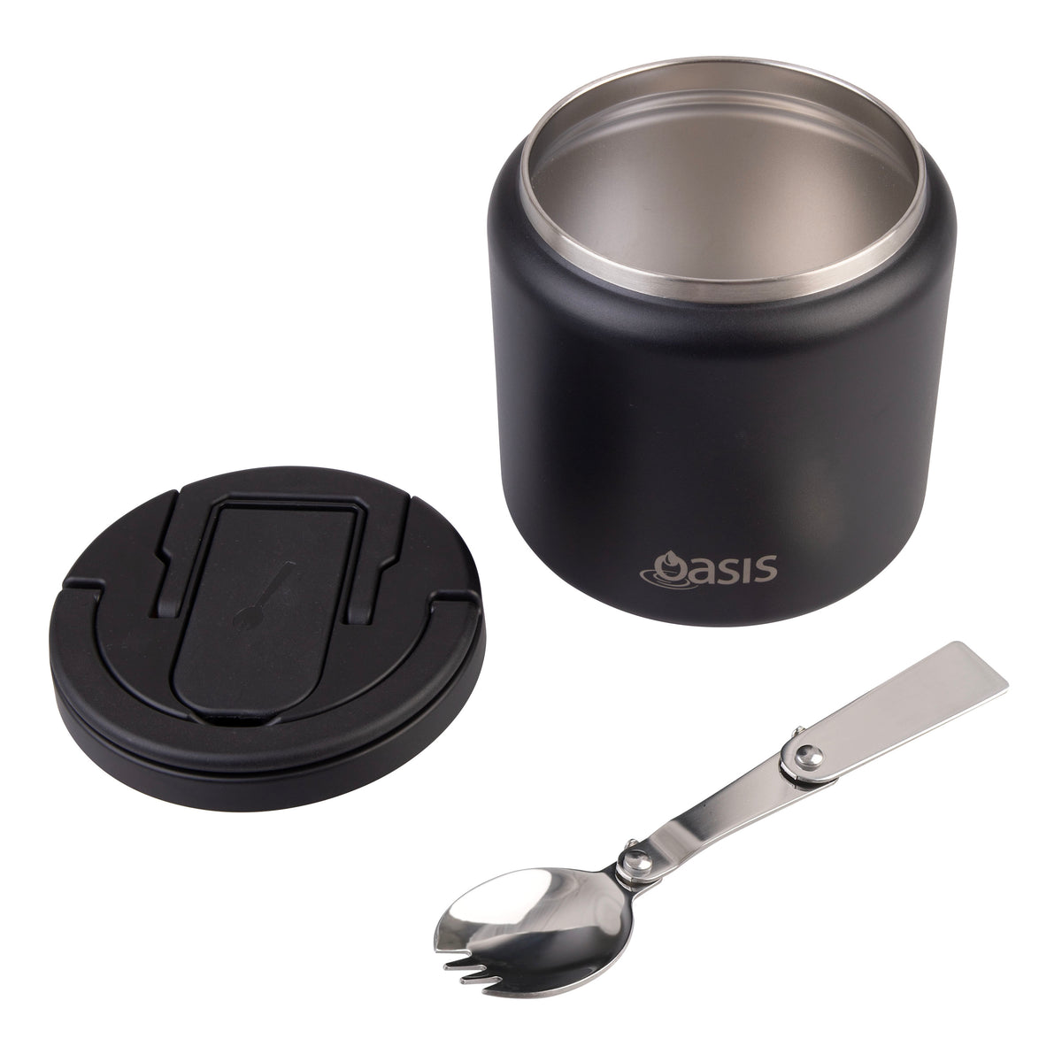 Double Wall S/S Insulated Food Flask w/Quick Release Lid & Spork | Black 700ml