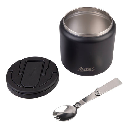 Double Wall S/S Insulated Food Flask w/Quick Release Lid & Spork | Black 700ml