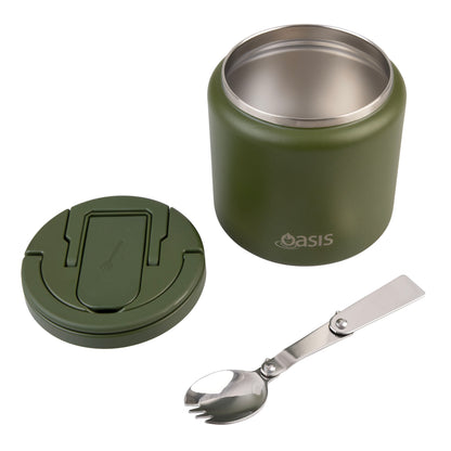 Double Wall S/S Insulated Food Flask w/Quick Release Lid & Spork | Forest Green 700ml