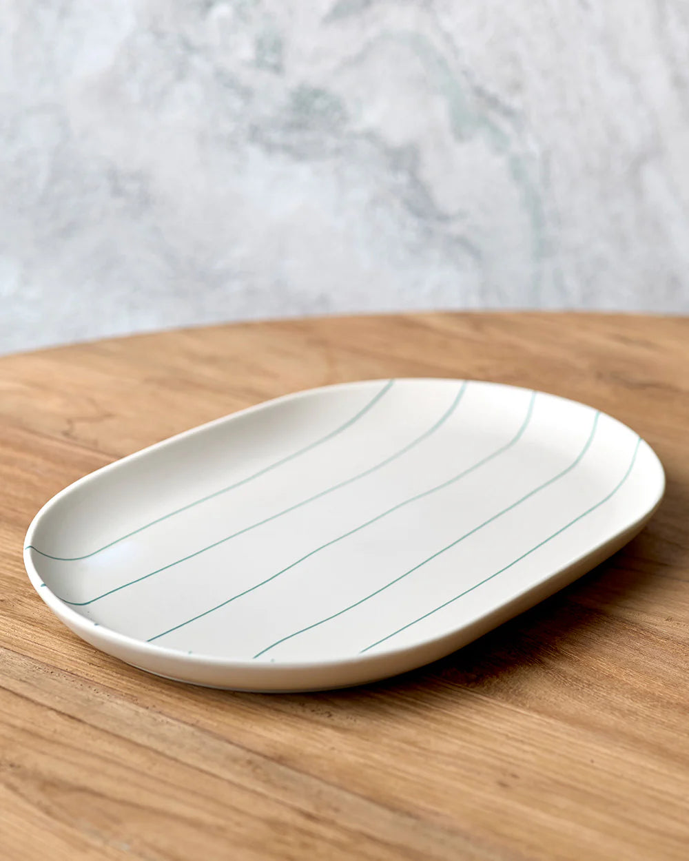Coastal Junction Oval Tray Cream w/Green Stripe 38x26.5cm