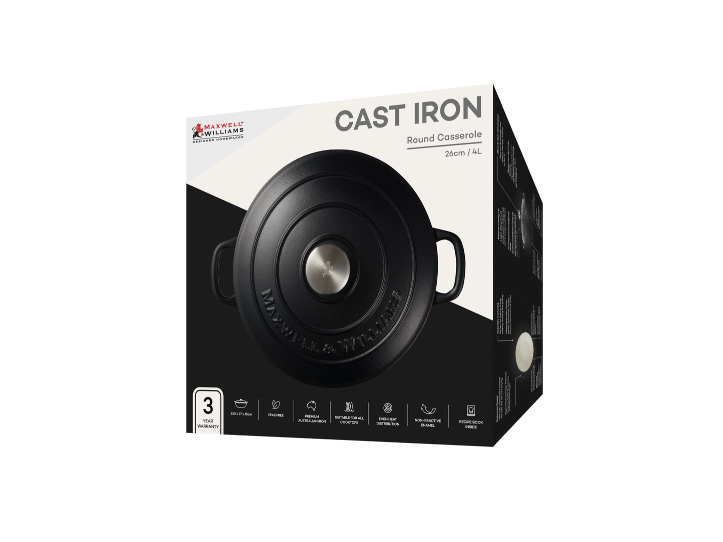 Cast Iron Round Casserole 26cm/4.0lt Black