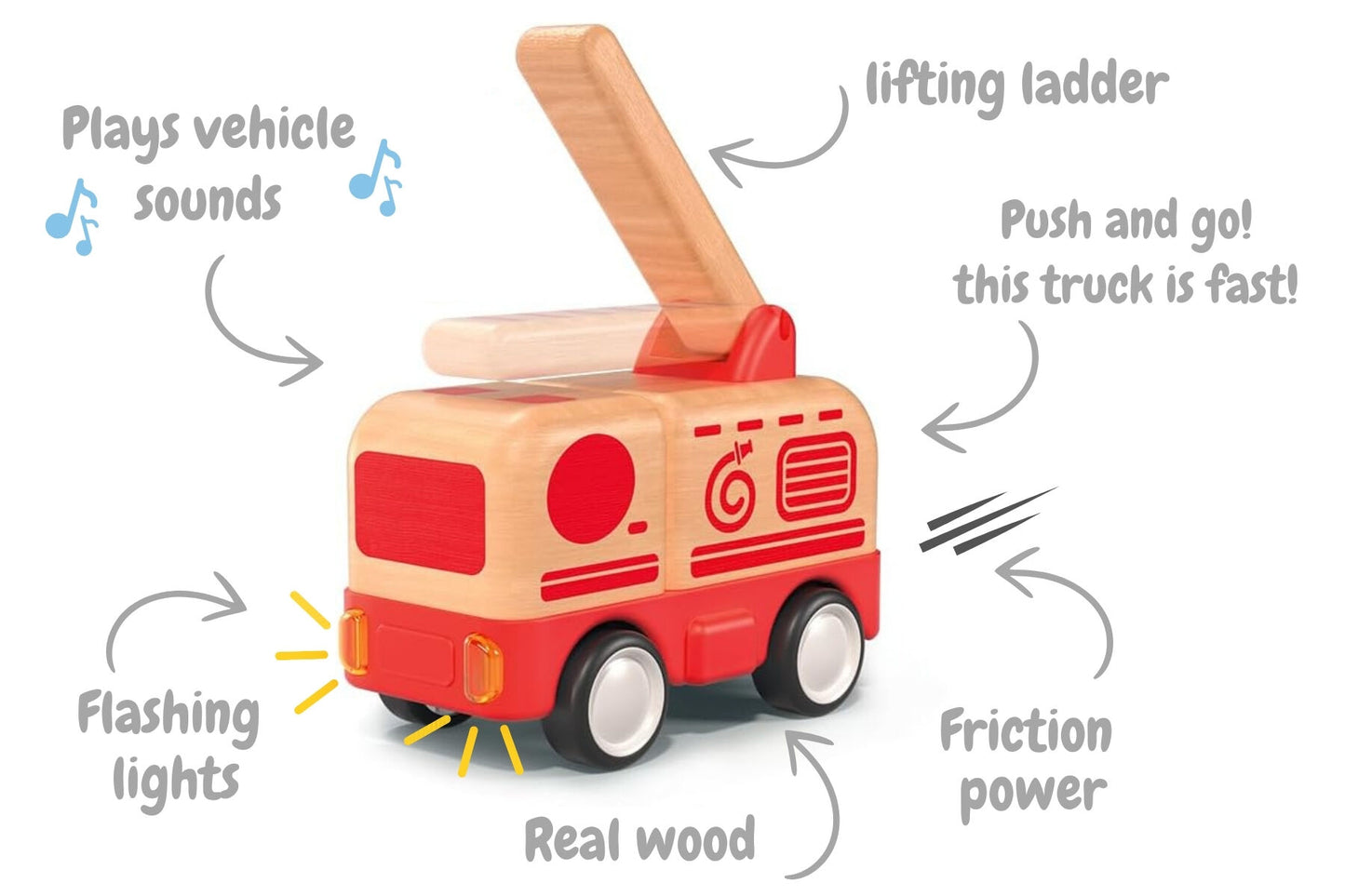 Wooden Friction Truck Fire Engine with Sound & Light