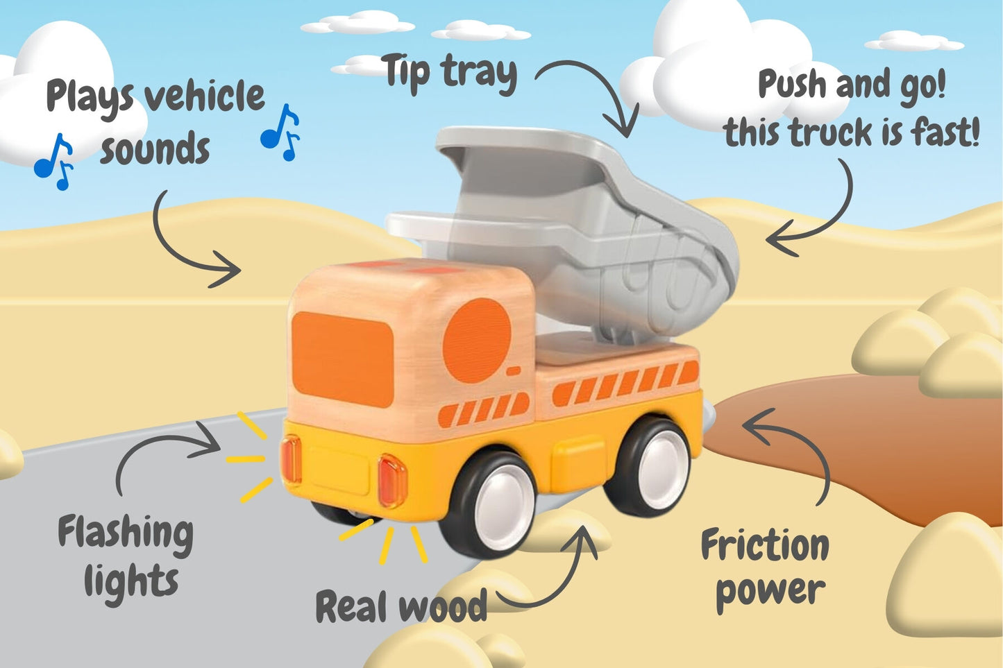 Wooden Friction Dump Truck with Sound & Light