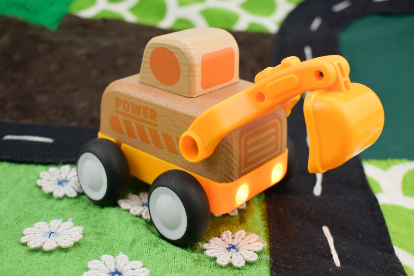 Wooden Friction Truck Digger with Sound & Light
