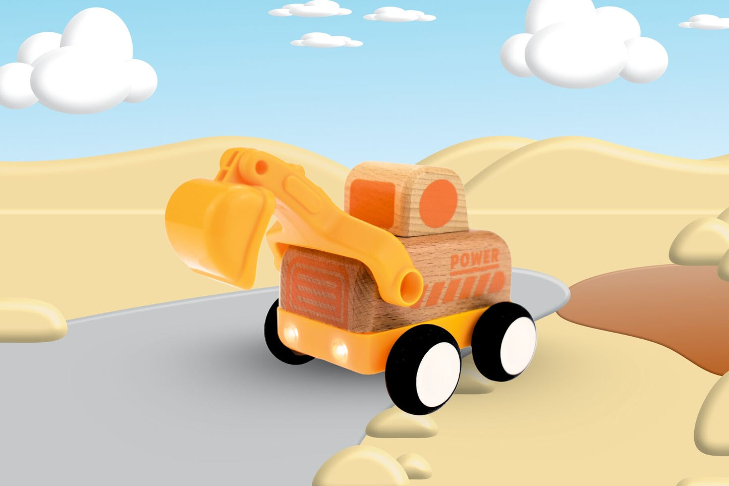 Wooden Friction Truck Digger with Sound & Light