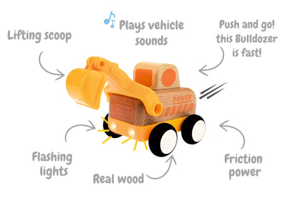 Wooden Friction Truck Digger with Sound & Light