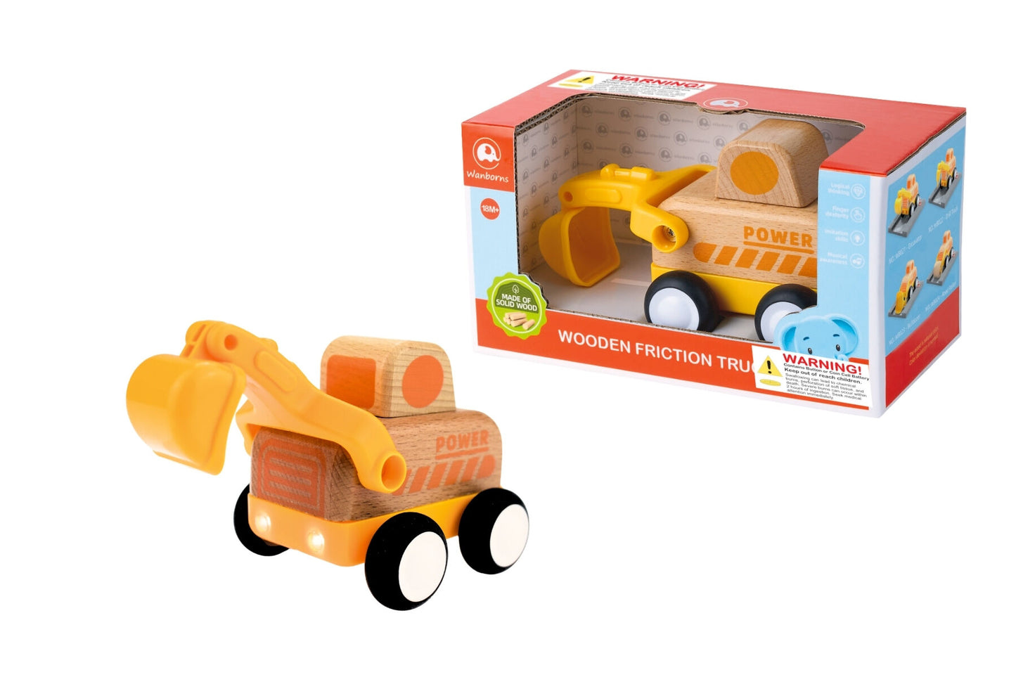 Wooden Friction Truck Digger with Sound & Light