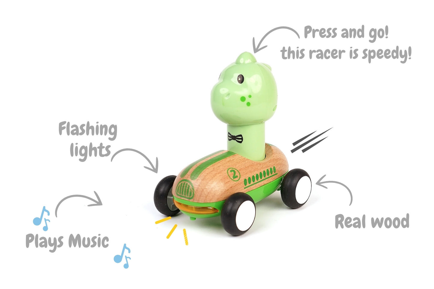 Wooden Press Go Racer Dinosaur with Sound & Light
