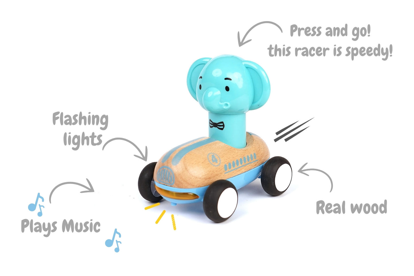 Wooden Press Go Racer Elephant with Sound & Light