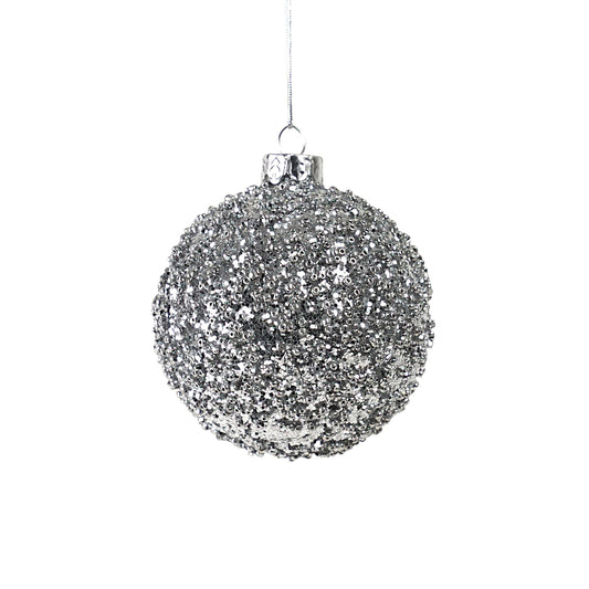 Hanging Glass Bauble Silver with Silver Beads