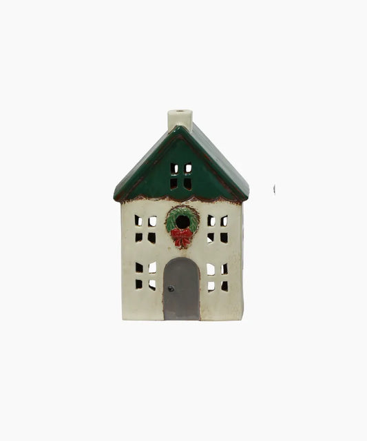 Christmas Tealight House Green with Wreath Small