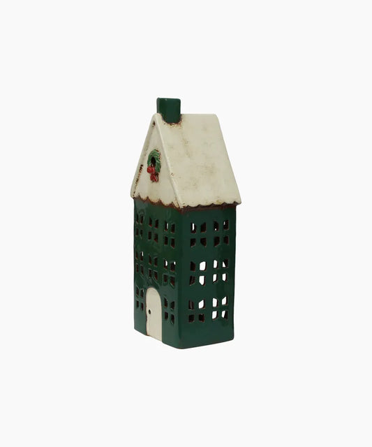 Christmas Tealight House Green with Wreath Lge
