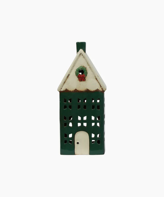Christmas Tealight House Green with Wreath Lge