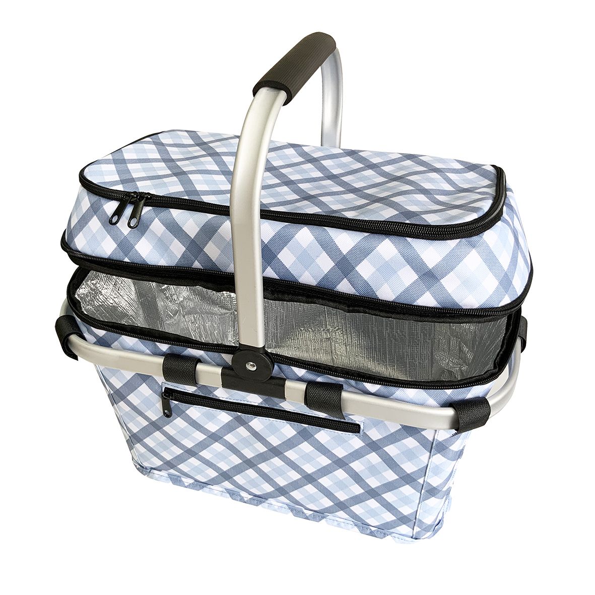 Insulated Picnic Basket - Gingham Blue/Grey