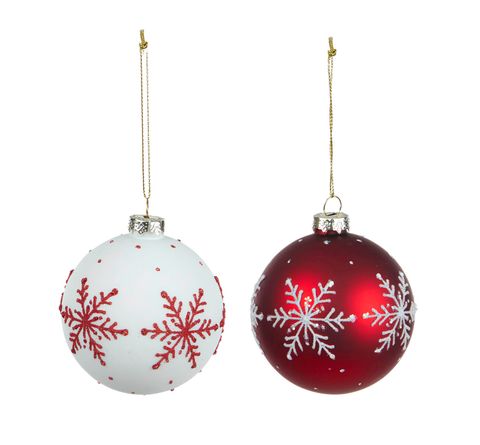 Hanging Glass Bauble  Red/White w/Snowflake Asst